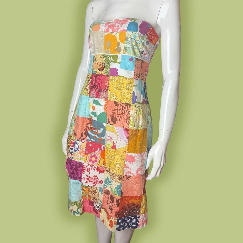 Y2K Patchwork Strapless Bow Tie Back Dress